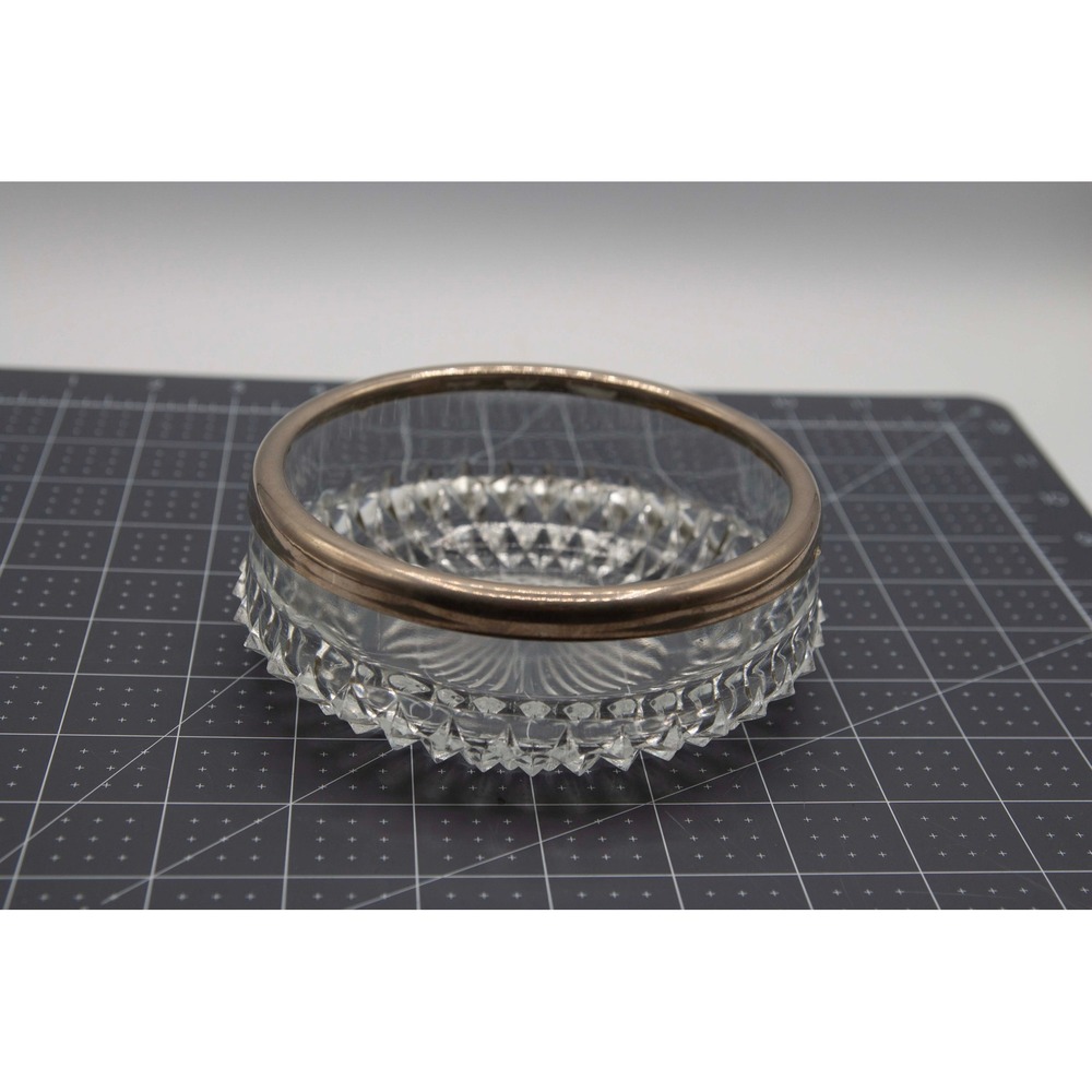 Vintage Cut Glass Bowl Silver Tone Rim Diamond Starburst Pattern Crystal Decor